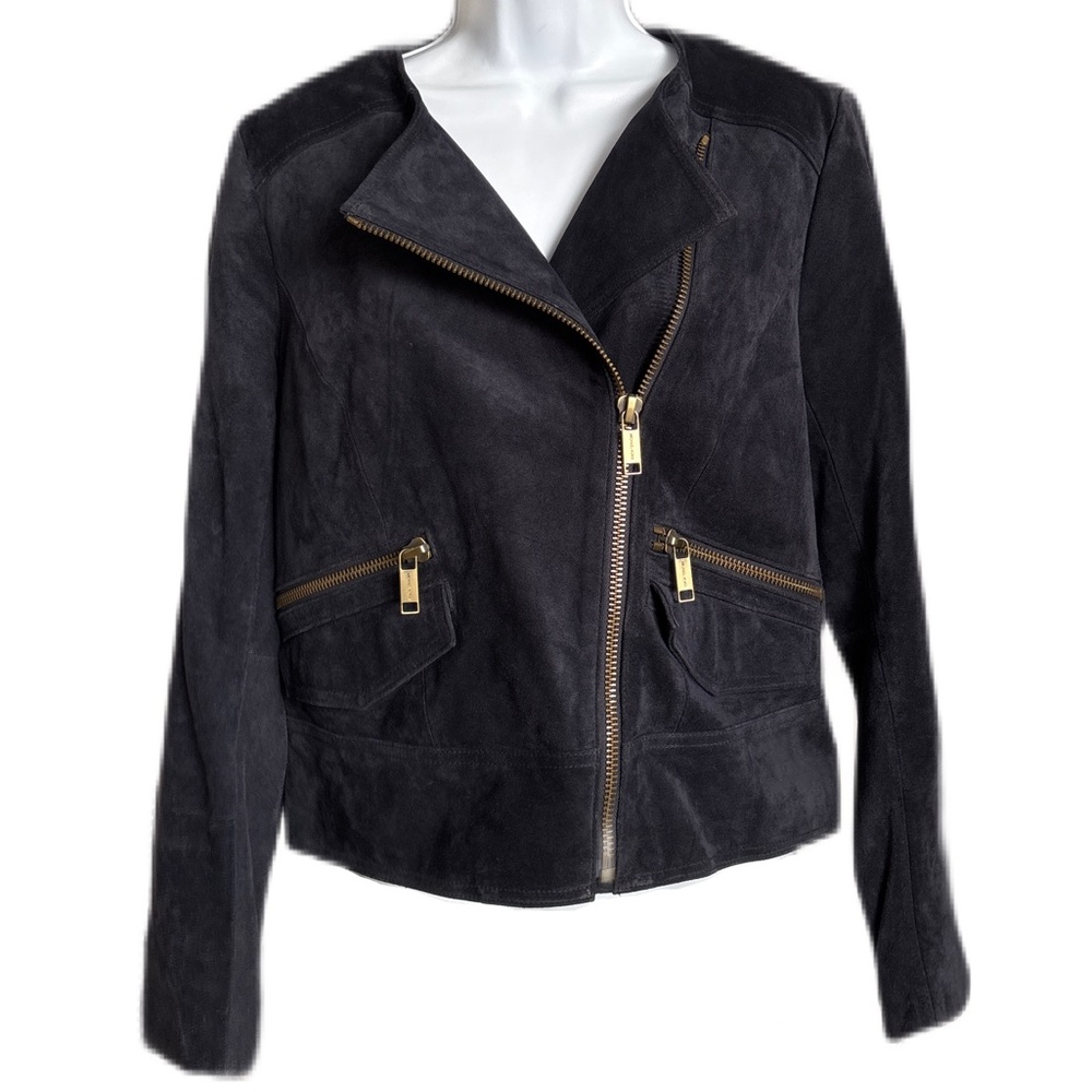 Michael Kors | Navy Suede Leather Jacket with Gold Accents